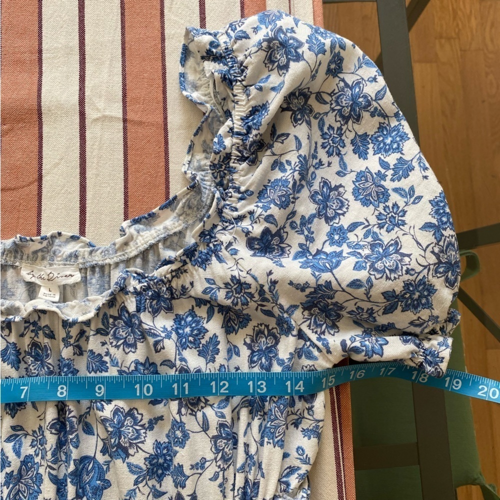 By The River Blue White Porcelain Floral Print Linen Blend Cut Out Midi Dress L - Picture 11 of 16